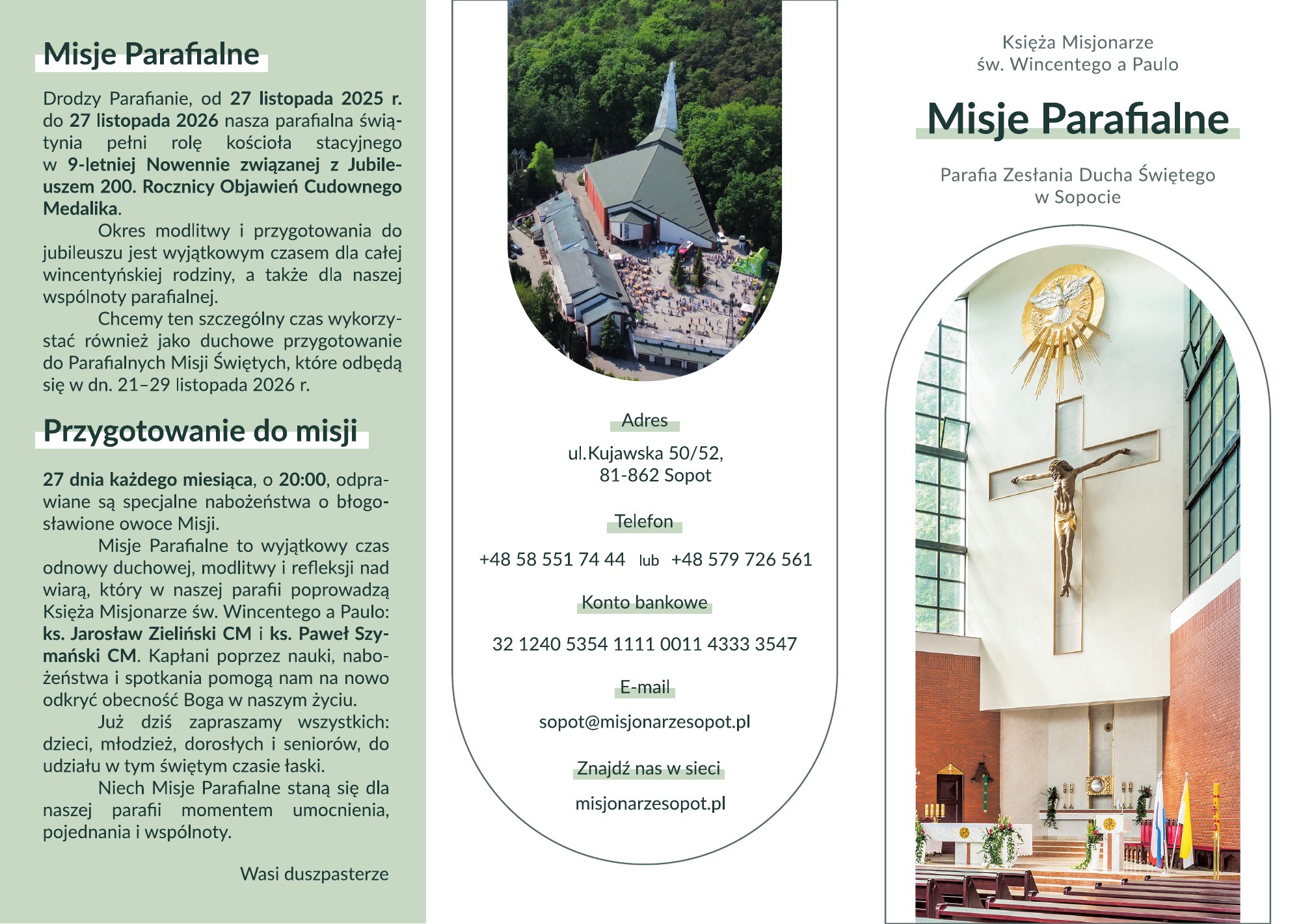Ulotka Misji Parafialnych 2026 – strona 1: zaproszenie, przygotowanie do misji i dane kontaktowe parafii
