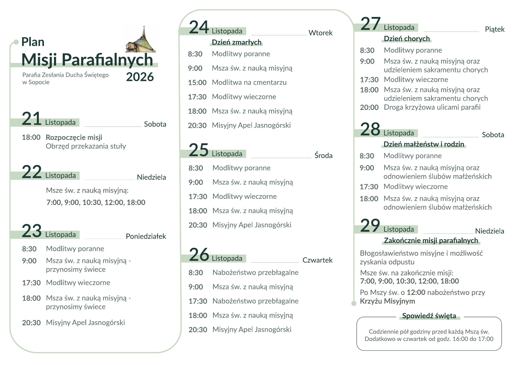 Ulotka Misji Parafialnych 2026 – strona 2: plan misji, 21–29 listopada 2026